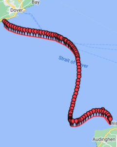 Map view of Sahishnu's journey across the English Channel